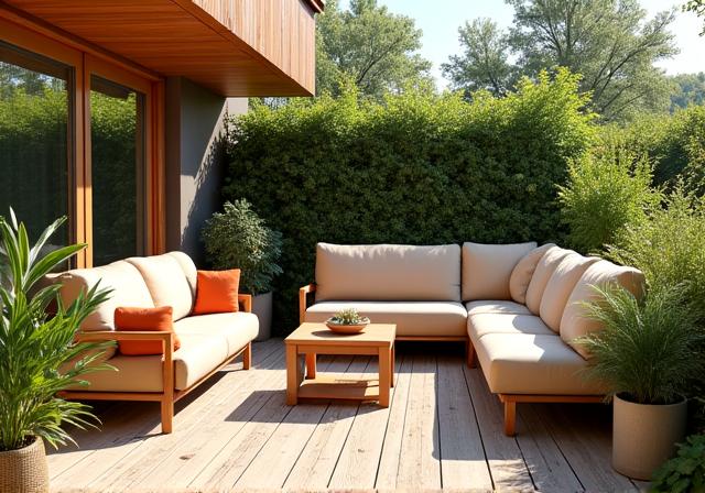 Terraza con muebles resistentes y diseño sostenible